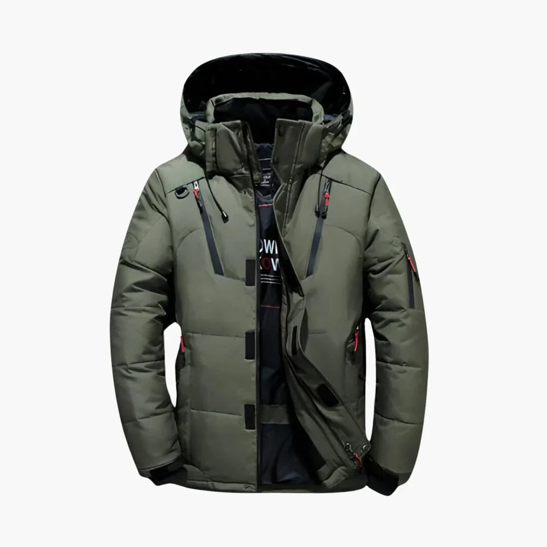 Men's black performance winter jacket with streamlined silhouette and technical weatherproof construction