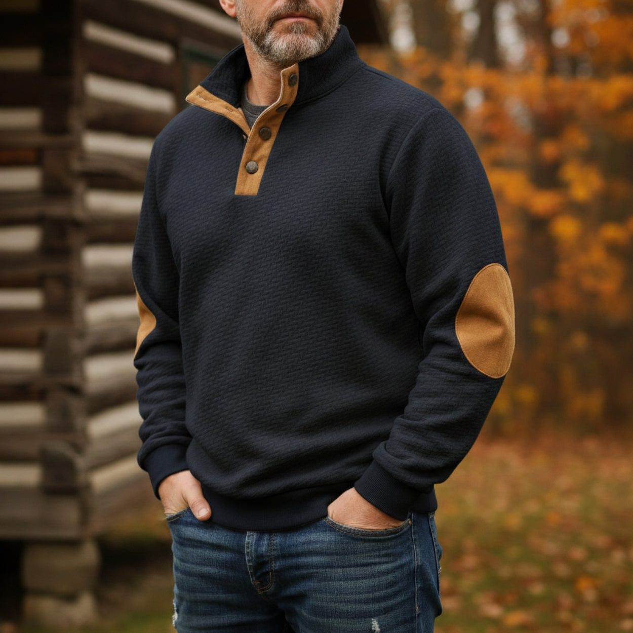 Men's gray wool relaxed-fit sweater with stand collar, elbow patches, and button placket