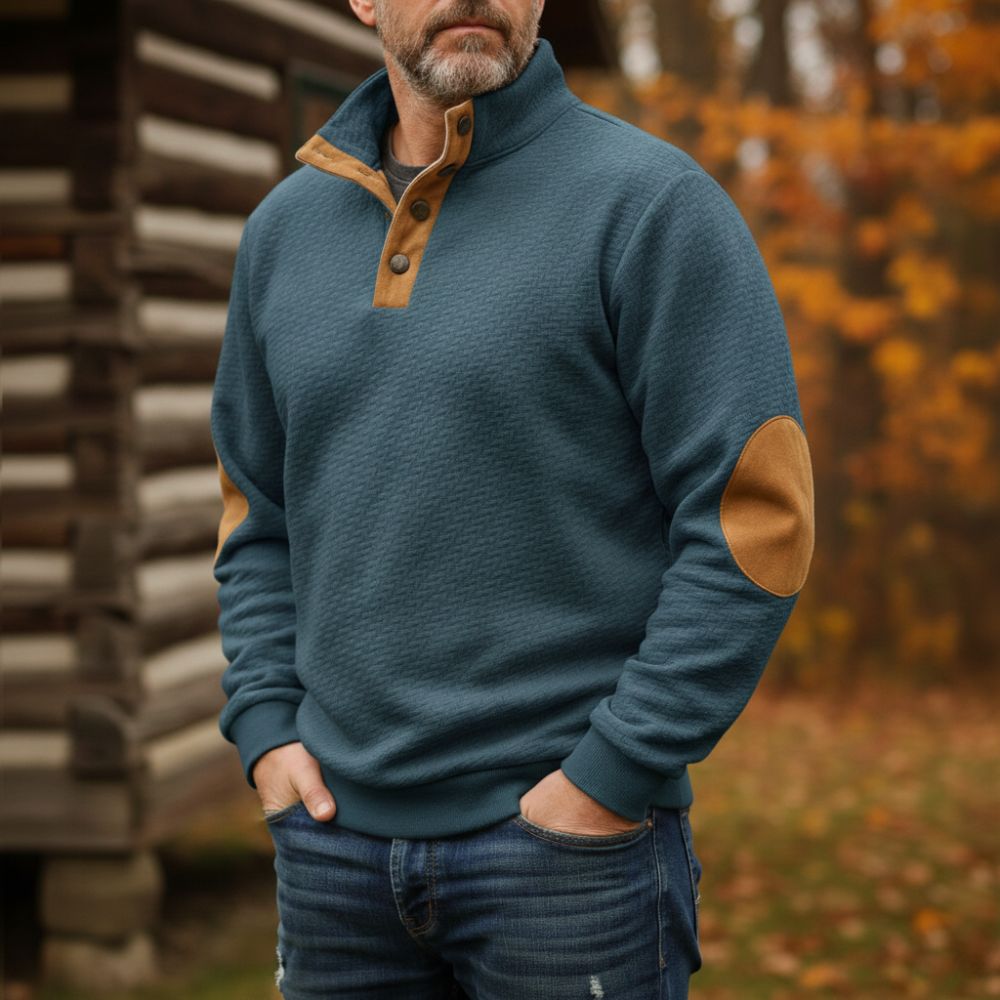 Men's gray wool relaxed-fit sweater with stand collar, elbow patches, and button placket
