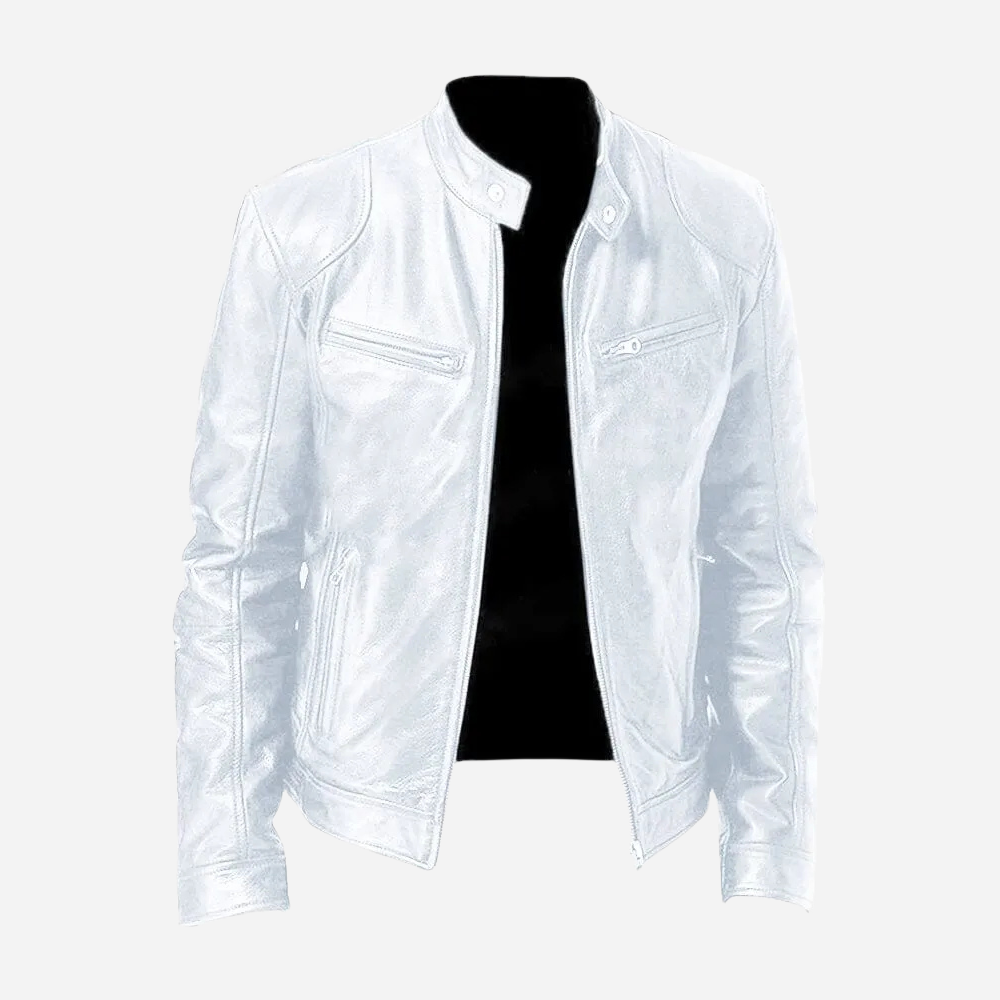 Men's black genuine leather slim fit biker jacket with snap tab collar and zipper closure