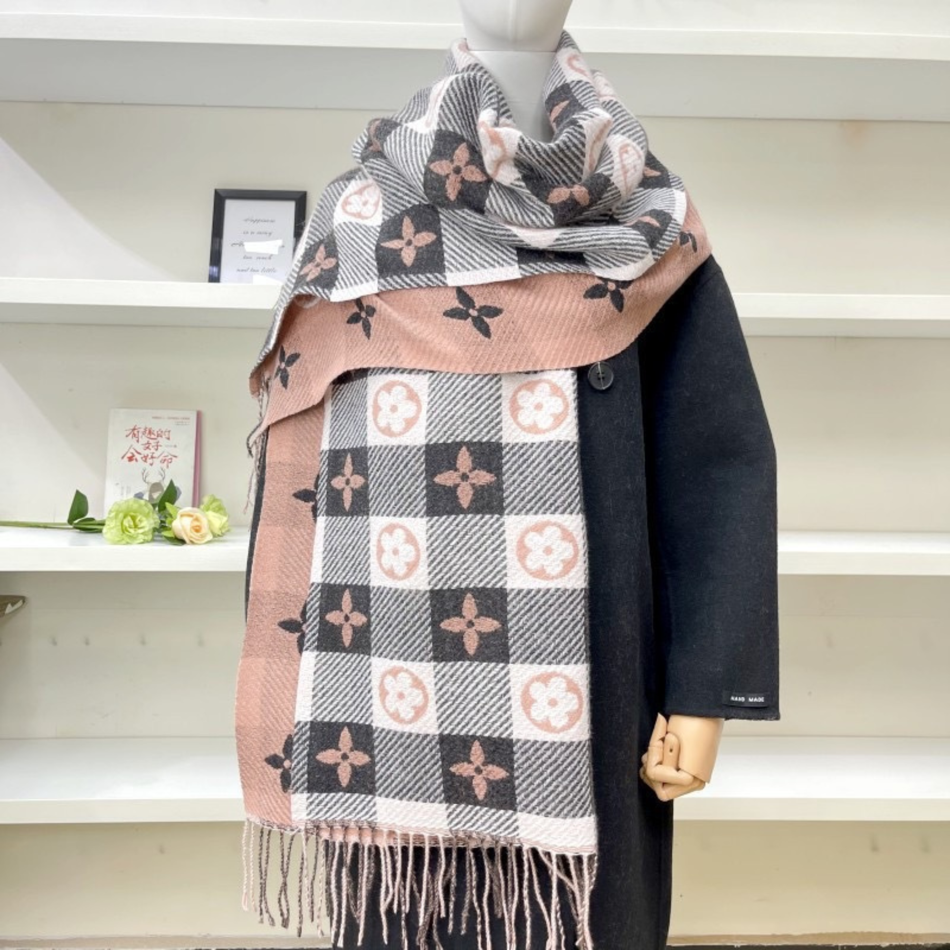 Cozy reversible plaid scarf with tassel fringe, double-sided warm winter wrap in classic pattern