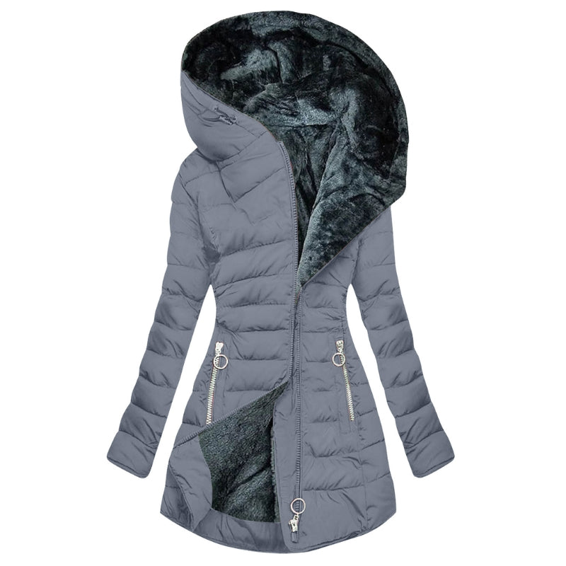 Nuvra oversized winter jacket with plush lining, sculpted shell, and cold-shield wrap hood