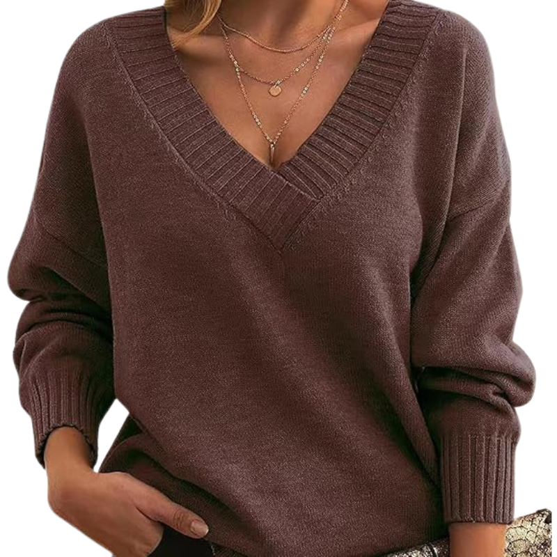 Cream wool-blend relaxed fit V-neck sweater with ribbed neckline, cozy layering essential for women