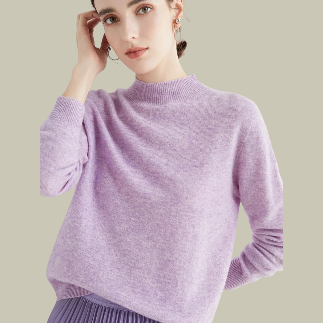 Ivy women's slim fit high neck merino wool sweater in neutral tone, ribbed collar everyday essential