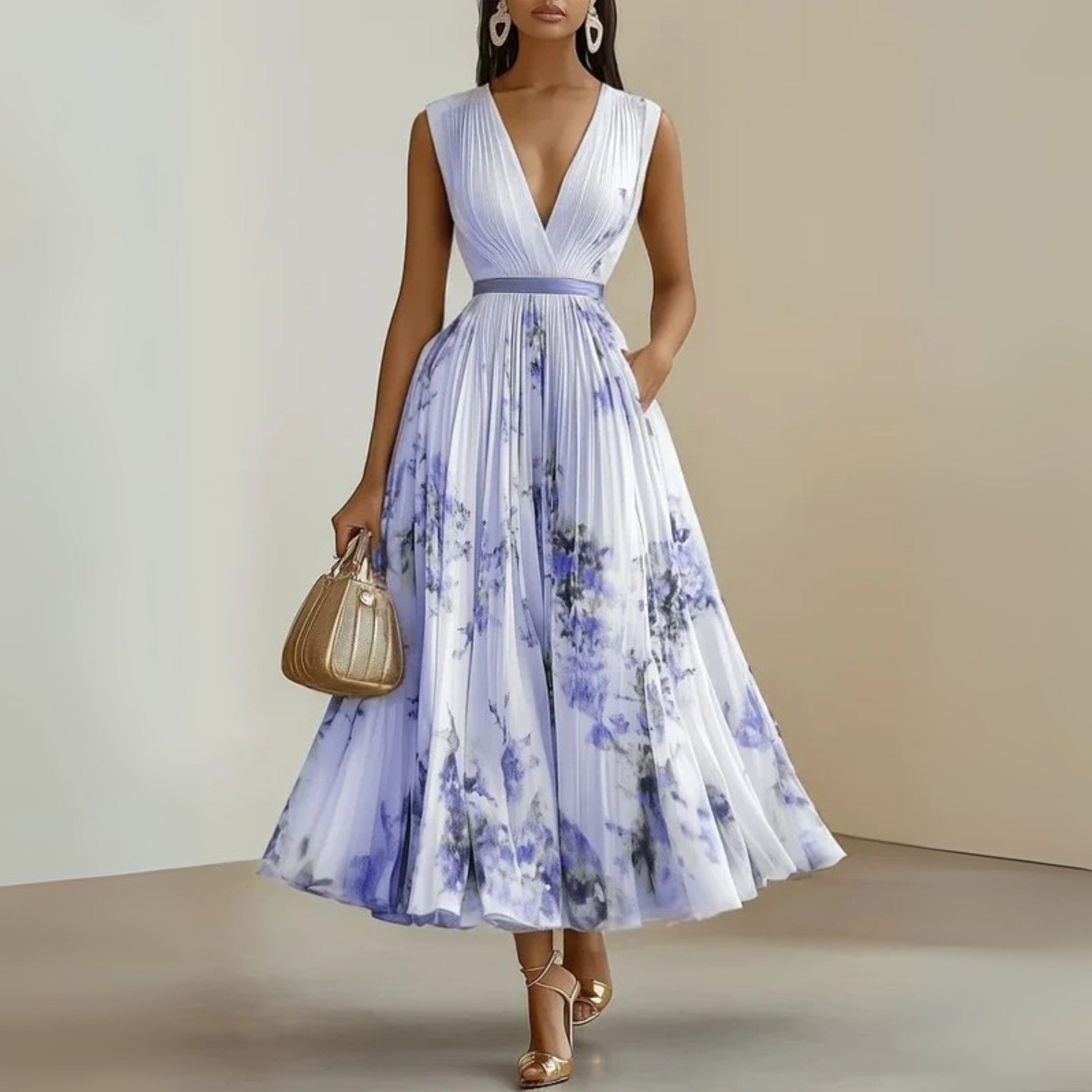 Flowy sleeveless maxi dress in soft drape fabric with flattering V-neck, breezy feminine silhouette