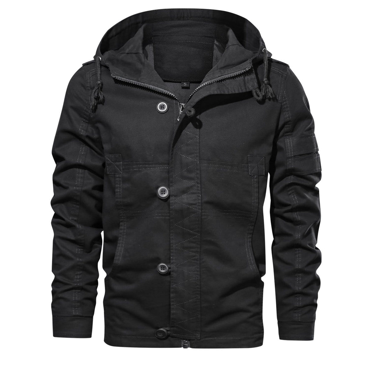 Men's olive utility jacket with adjustable drawcord hood, multiple pockets, all-weather rugged design