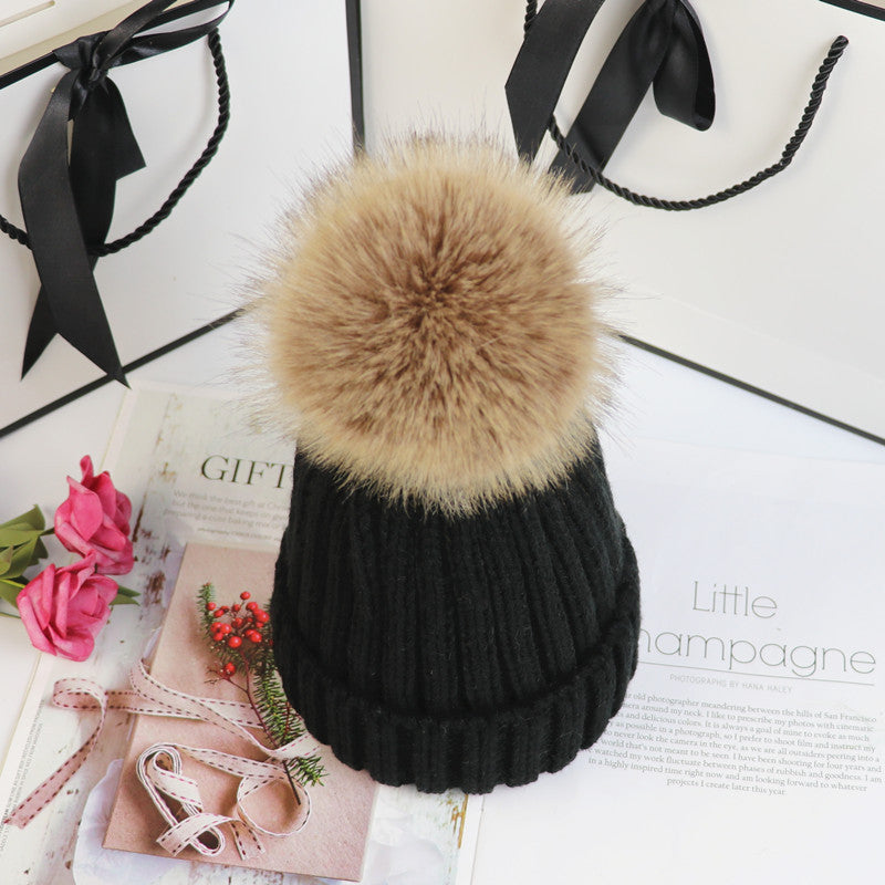Classic cozy knit beanie with fluffy pom accent, snug feminine winter hat in neutral tone