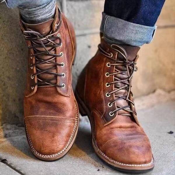 Men's brown leather lace-up ankle boots with rugged weatherproof construction for winter outdoor wear