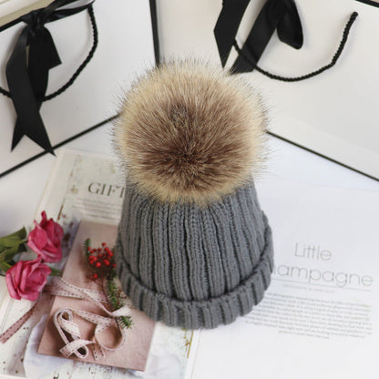 Cozy classic knit beanie with fluffy pom accent, snug winter hat in neutral tone