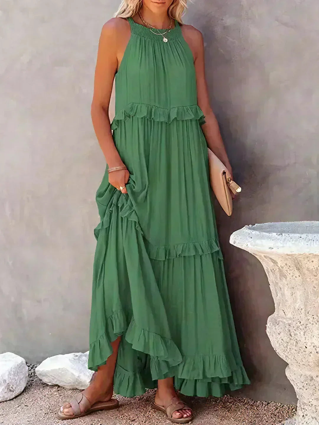 Elegant sleeveless dress with delicate ruffle accents, feminine silhouette for special occasions
