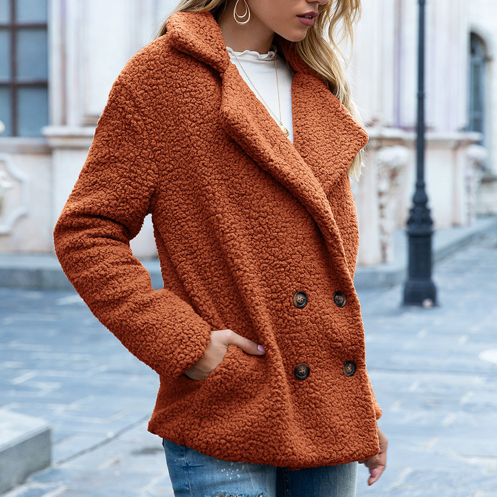 Unisex camel fluffy teddy fleece winter coat with oversized lapel collar and button front closure