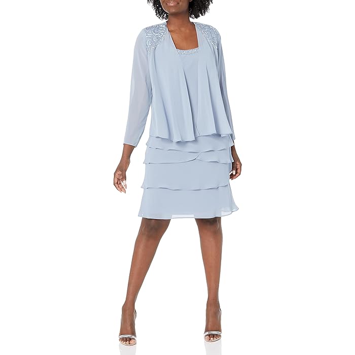 Knee-length chiffon tiered dress with beaded scoop neckline and matching long sleeve jacket in Navy