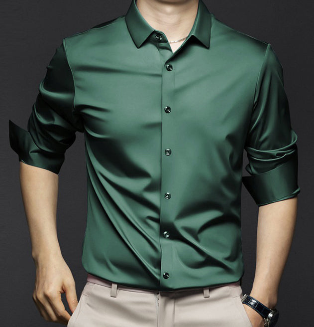 Men's white slim fit non-iron dress shirt with wrinkle-free breathable fabric by Wavlynn