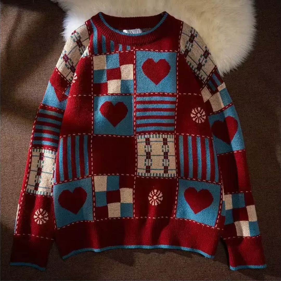 Multicolor patchwork wool pullover sweater with heart motifs and vintage geometric knit pattern