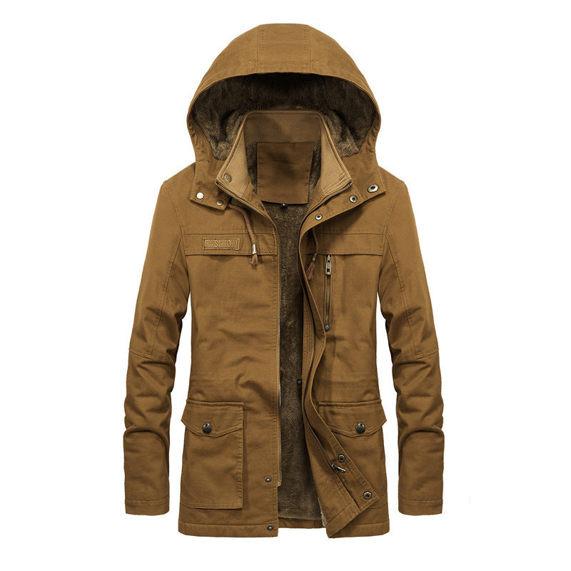 Men's relaxed-fit hooded sherpa-lined outdoor coat with multi-pocket utility design