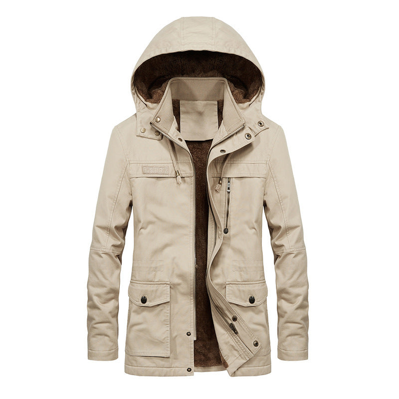 Men's relaxed fit sherpa-lined hooded outdoor jacket with multi-pocket utility design for warmth