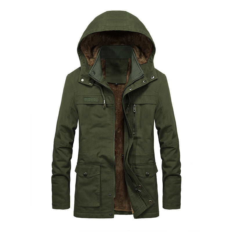 Men's relaxed fit sherpa-lined hooded outdoor jacket with multi-pocket utility design for warmth