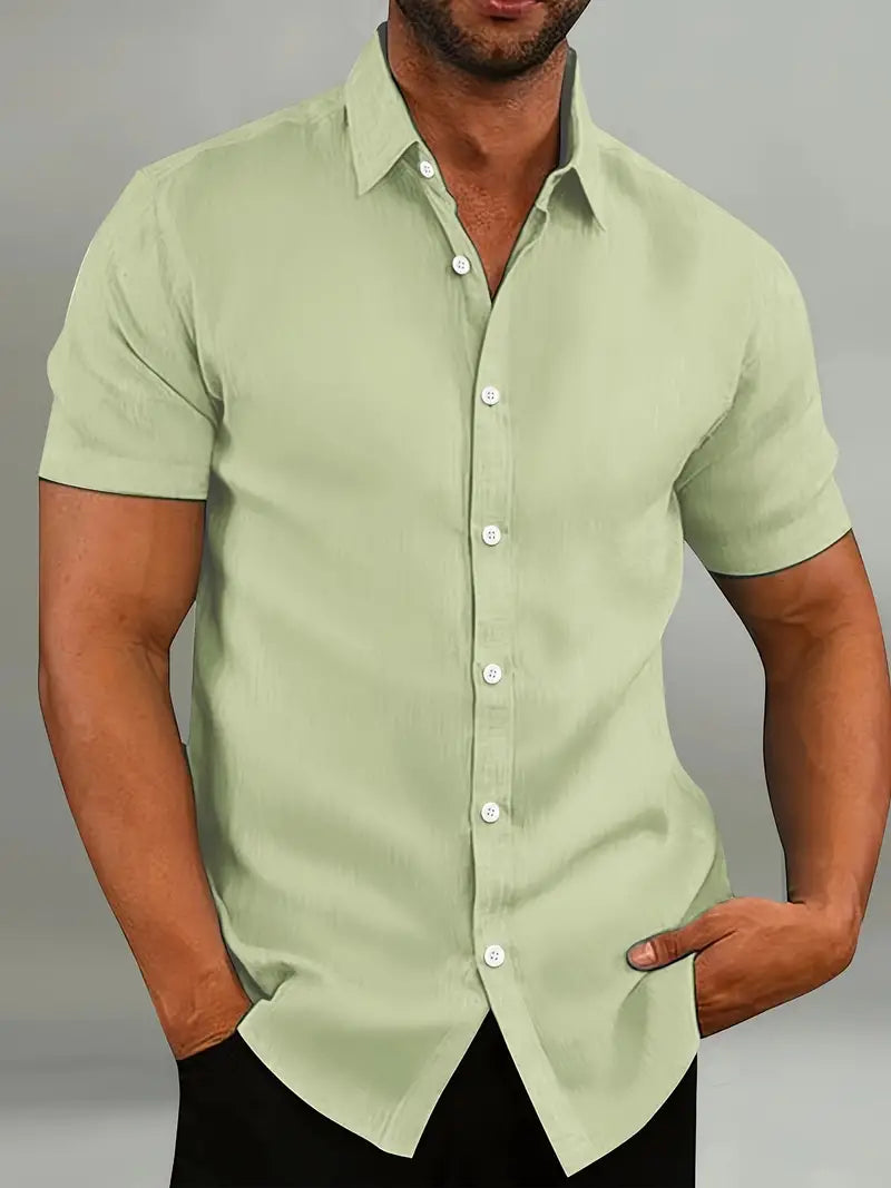 Light blue men's slim fit short sleeve shirt with classic collar and button closure for casual or formal