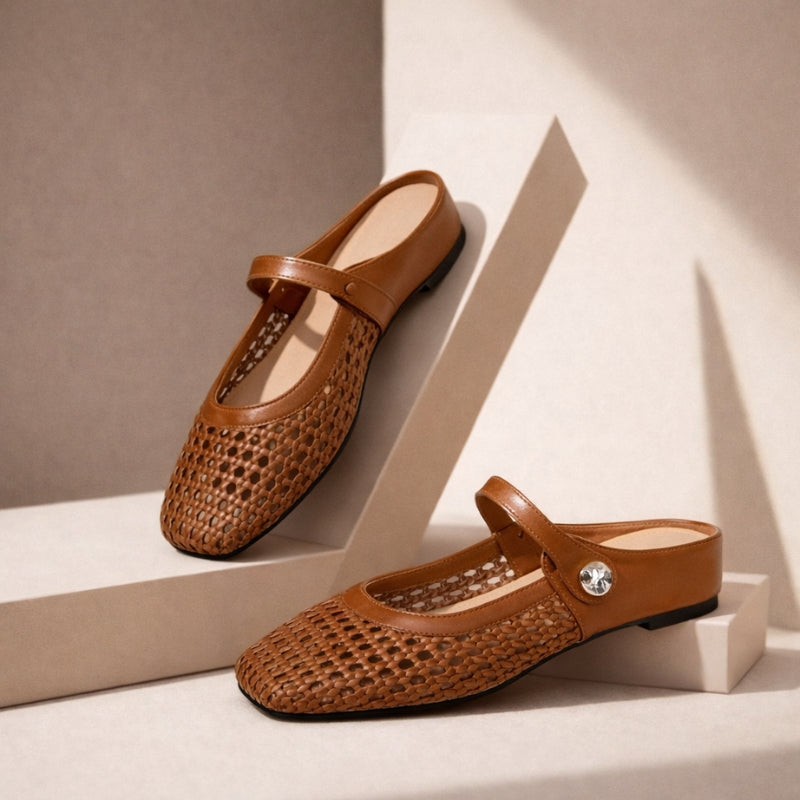 Women's metallic gold woven Mary Jane mule flats with open-weave texture and classic ankle strap