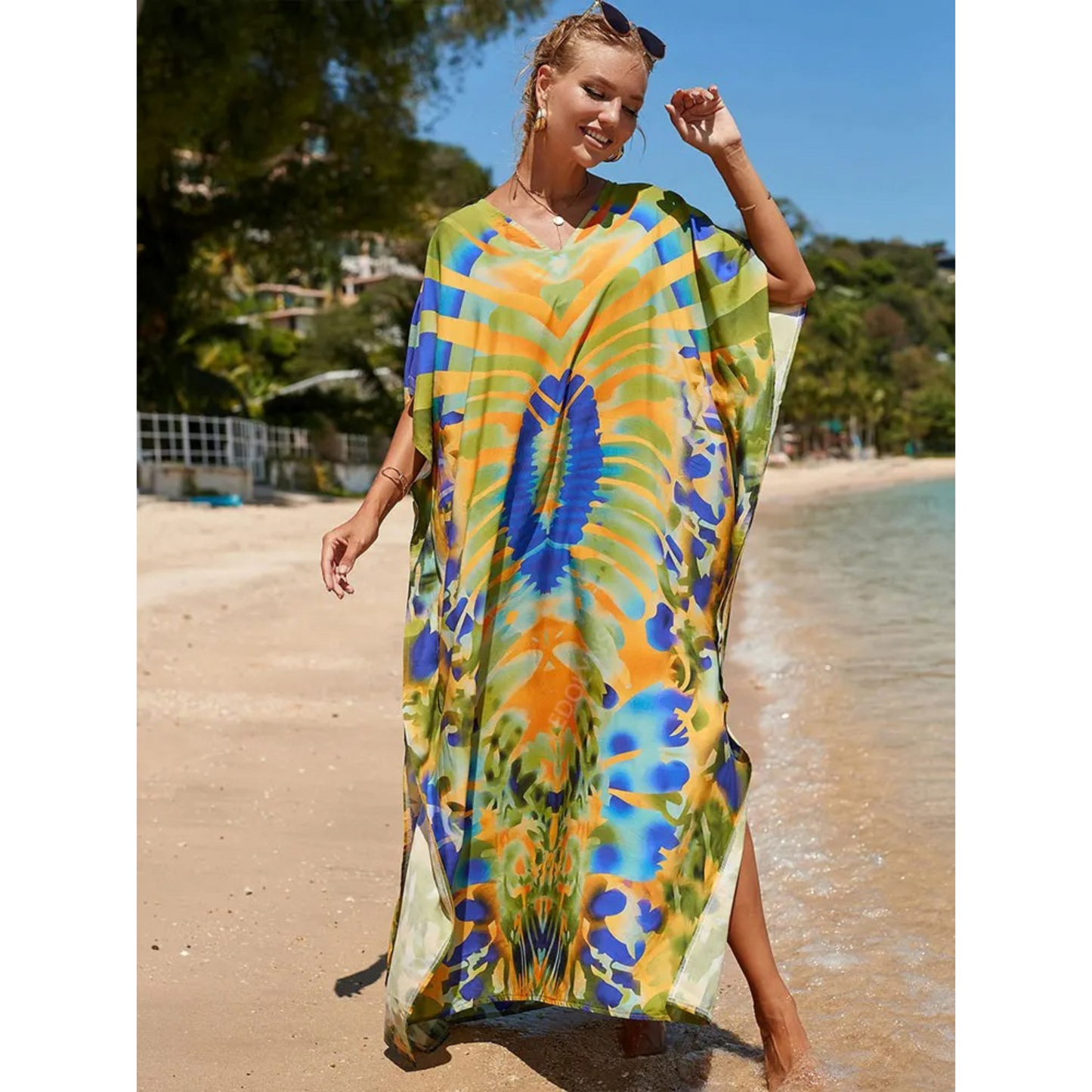 Women's loose-fit V-neck kaftan in light airy fabric, bohemian beachwear cover-up for vacation