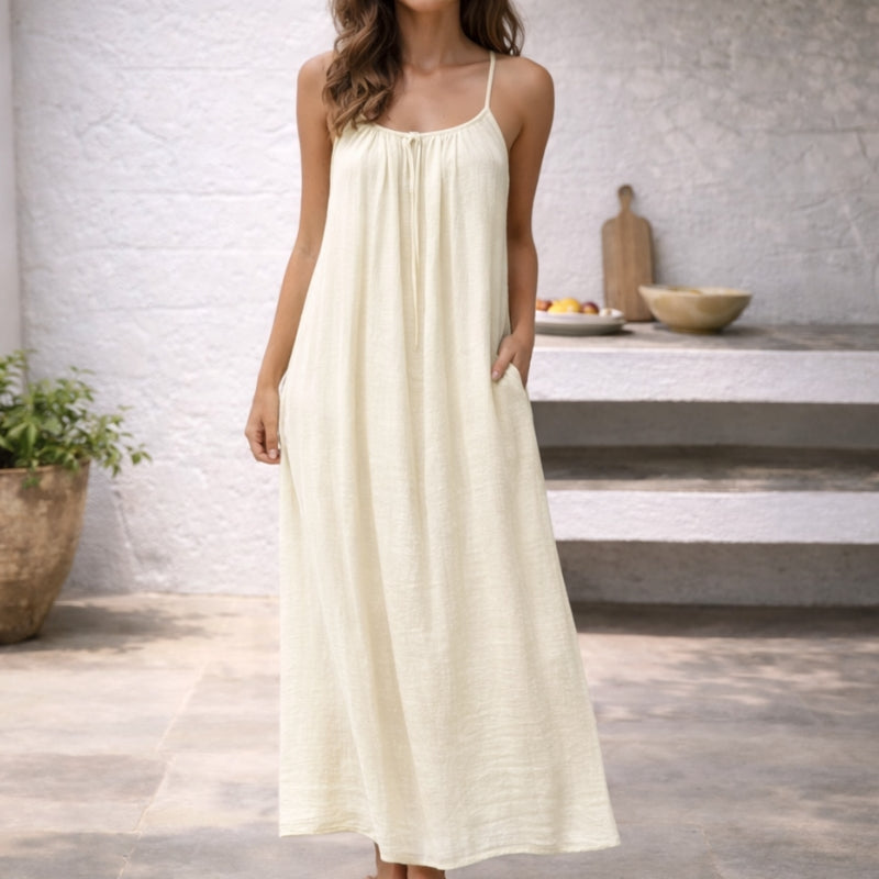 Women's linen maxi dress spaghetti strap sundress flowy silhouette with gathered neckline and side pockets