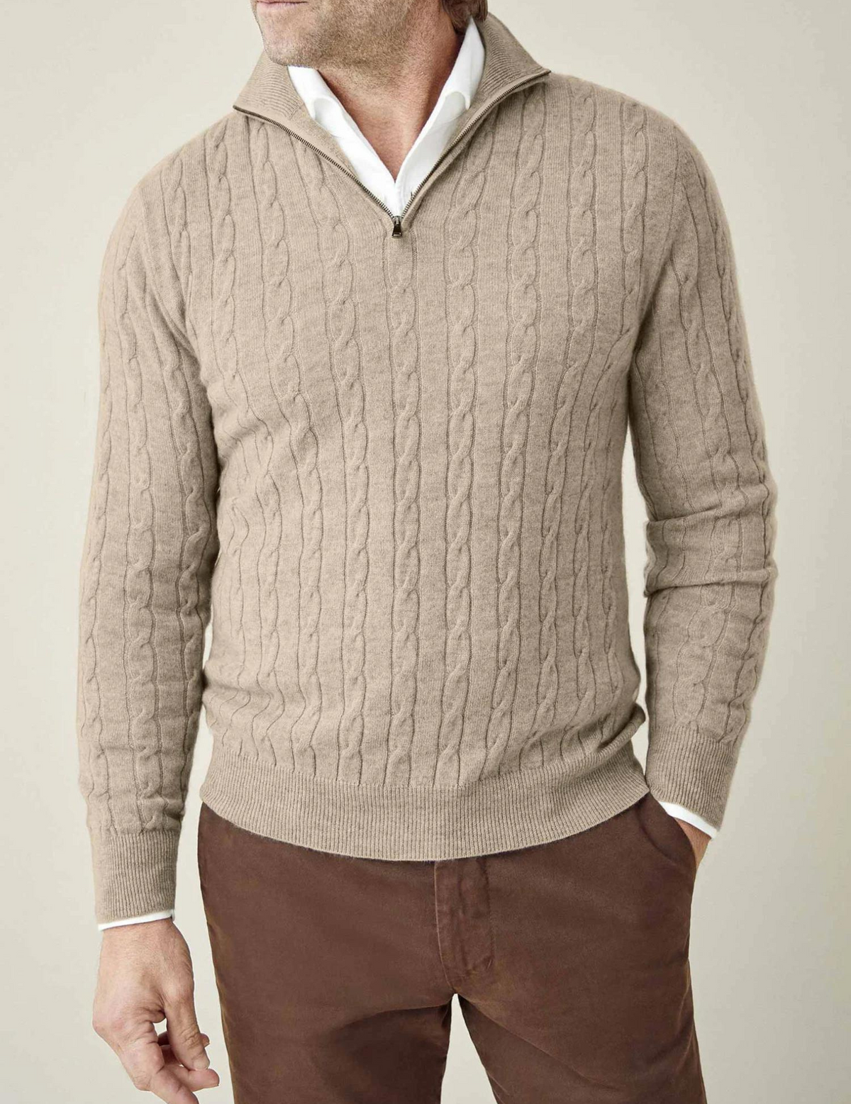 Men's wool blend cable knit sweater with half zip, standing collar, smart casual everyday style