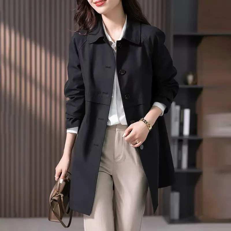 Women's lightweight long trench coat button-front elegant silhouette for office or casual everyday wear