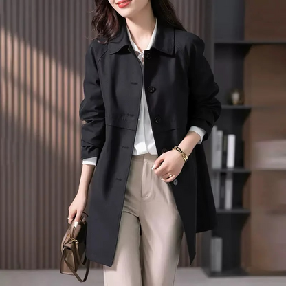 Women's lightweight long trench coat button-front elegant silhouette for office or casual everyday wear
