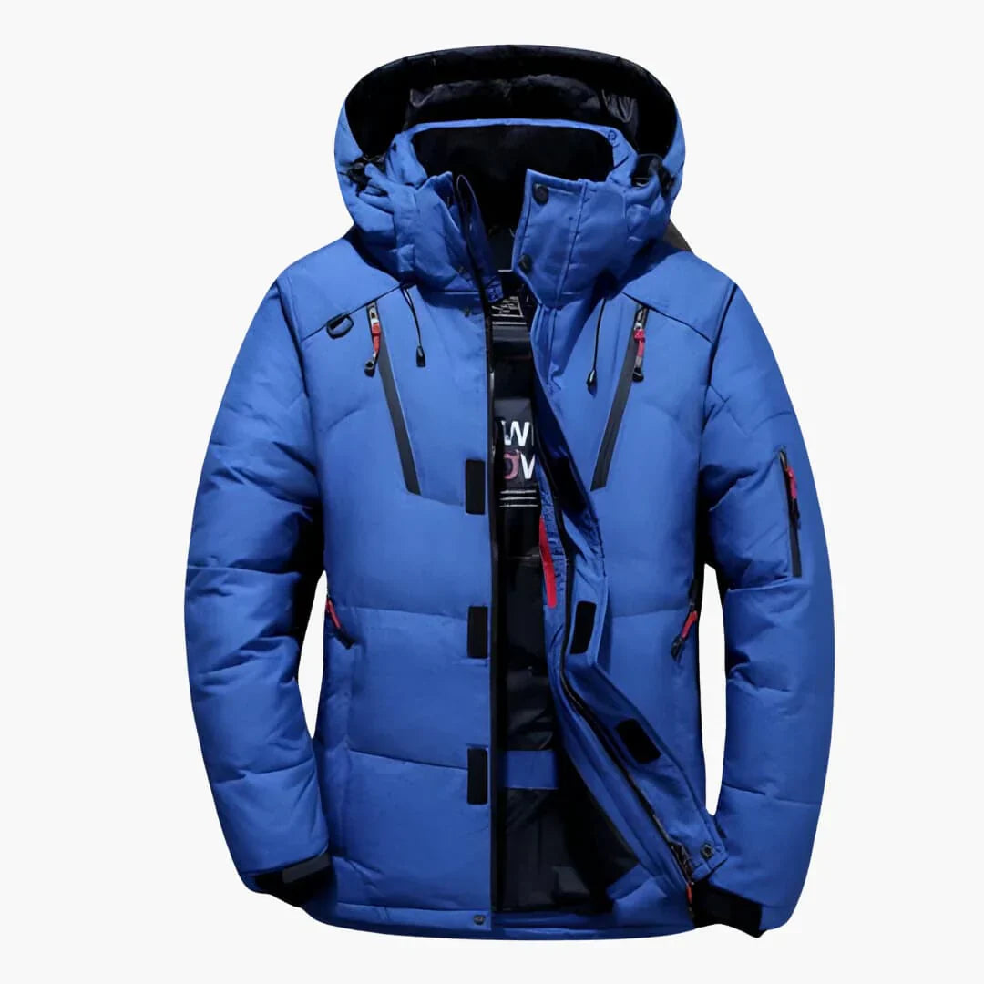 Men's black performance winter jacket with sleek athletic cut and weatherproof technical shell