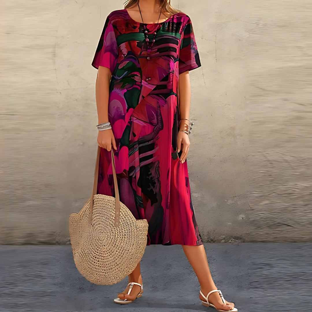 Elegant floral midi dress in vibrant multicolor print with flattering feminine silhouette