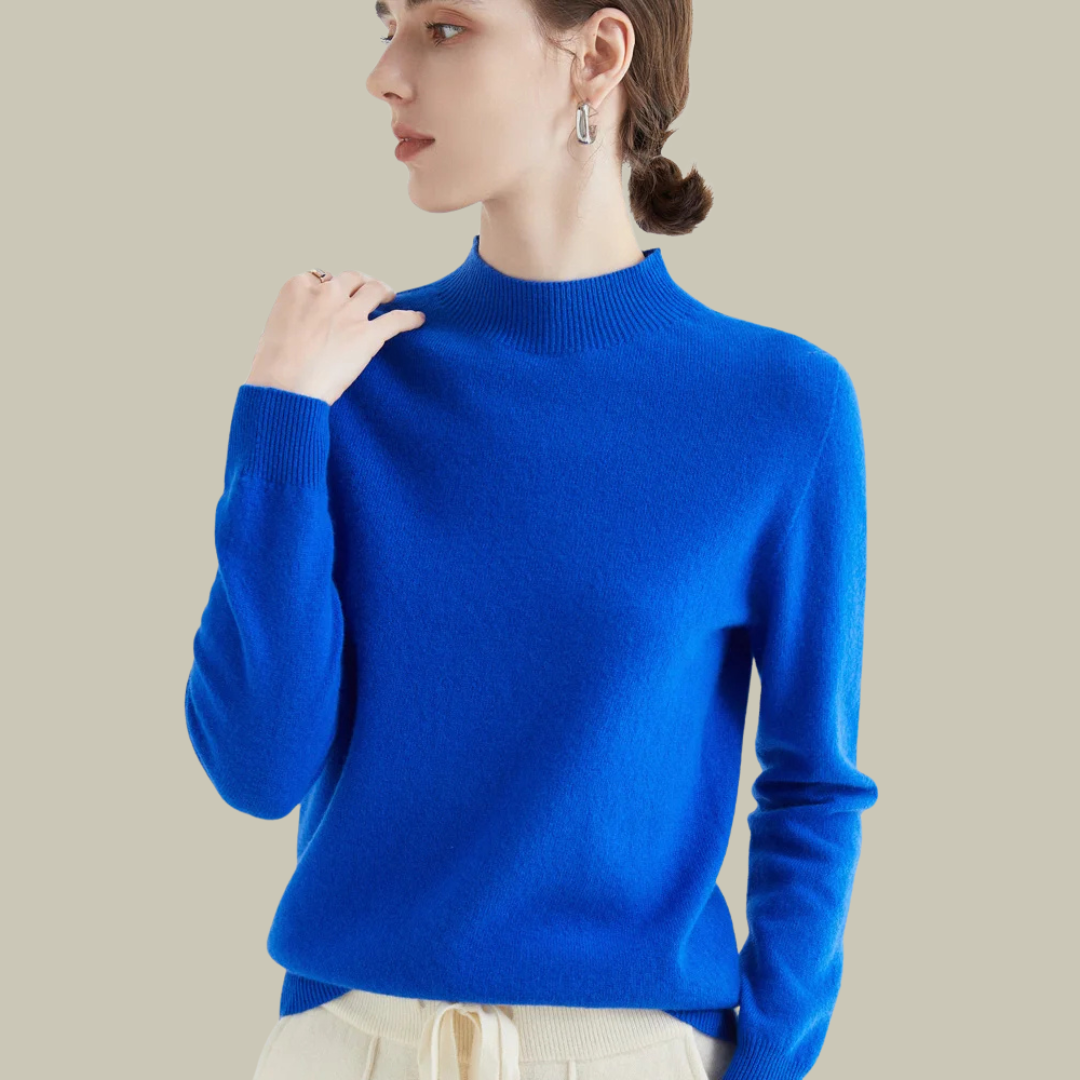 Ivory slim fit merino wool high neck sweater with ribbed collar, lightweight and itch-free everyday essential
