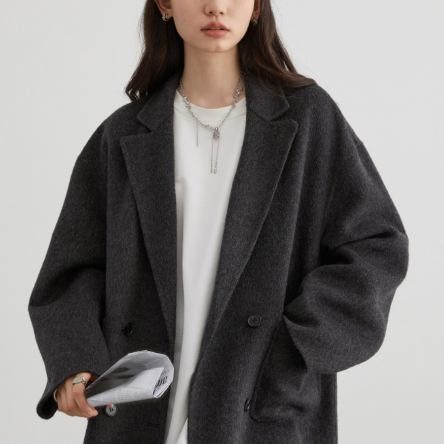 Hearthside wool blend trench coat, oversized relaxed fit, double-breasted classic lapel design