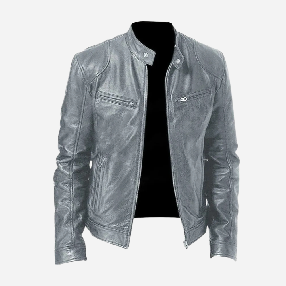 Men's black genuine leather slim fit biker jacket with snap tab collar and zipper closure