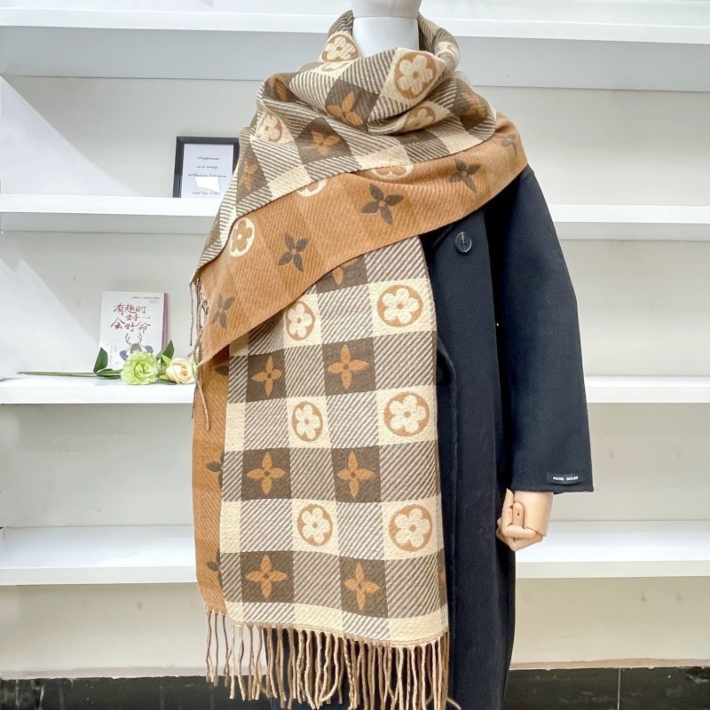 Reversible plaid scarf with tassel fringe ends, cozy double-sided winter wrap in warm tones