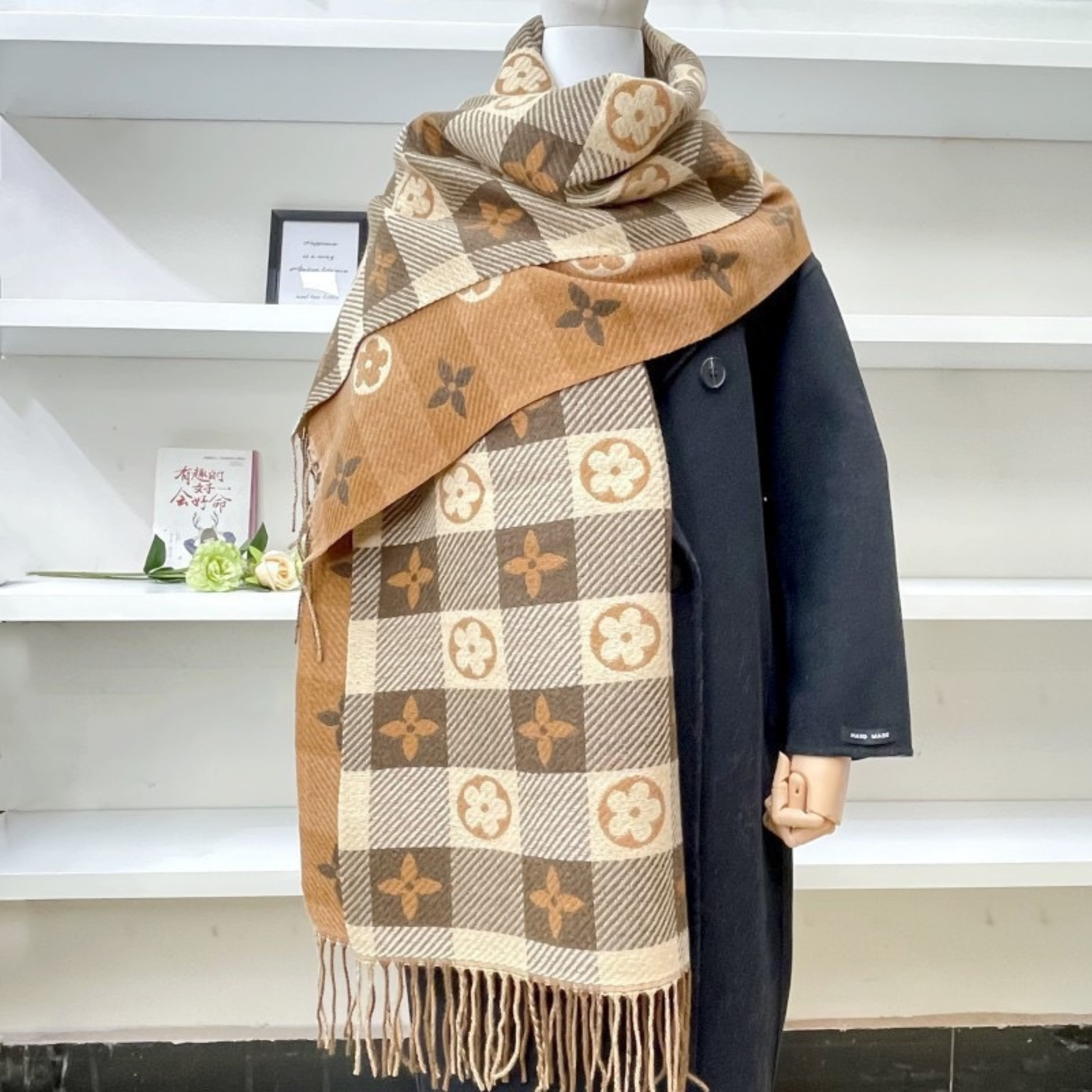 Reversible plaid scarf with tassel fringe ends, cozy double-sided winter wrap in warm tones