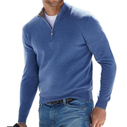 Men's half-zip knit sweater relaxed fit with ribbed edges, soft acrylic wool blend layering essential