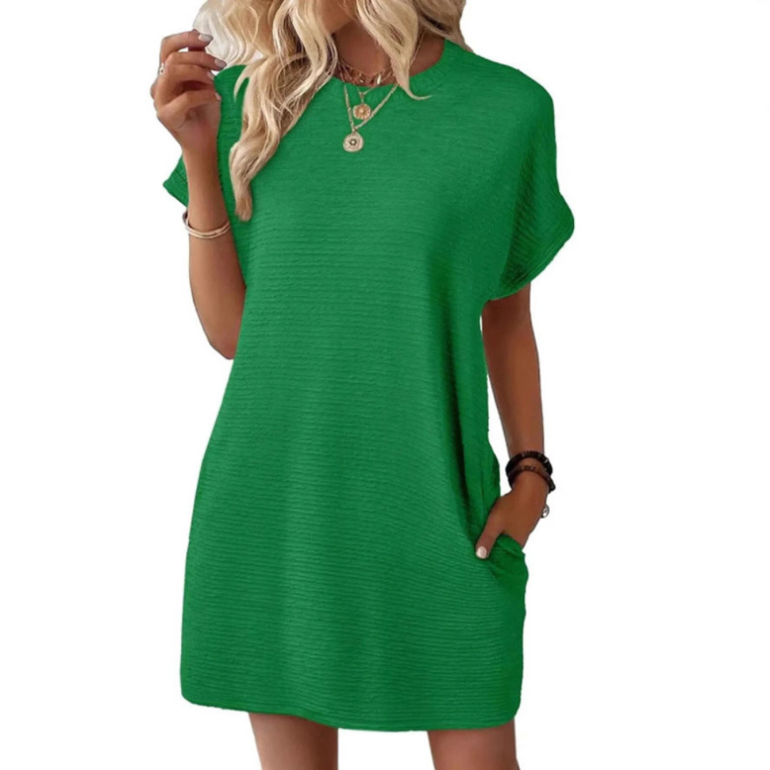 Hot pink ribbed crew neck T-shirt mini dress with relaxed silhouette, casual warm-weather style