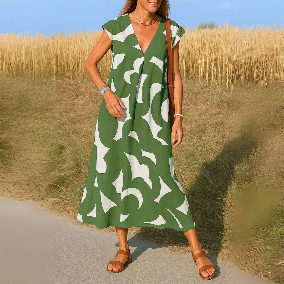 Women's flowy draped V-neck evening dress with elegant fluid silhouette and flattering neckline