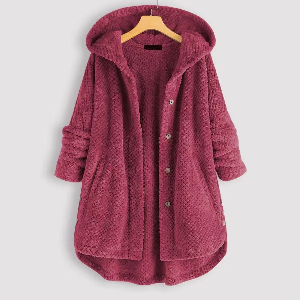 Oversized gray fleece hooded jacket with button-front closure and integrated pockets