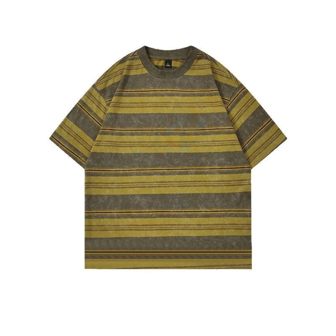Vintage oversized crew neck tee sun-faded stripes distressed dye muted hues boxy 90s fit