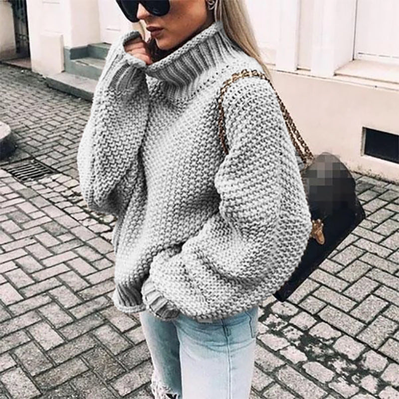 Women's chunky knit turtleneck sweater oversized relaxed fit with thick textured stitches warm cozy