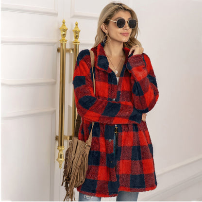 Women's longline colorblock plaid fleece coat, cozy warm winter essential with bold pattern