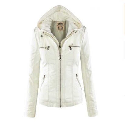 Women's black faux leather jacket removable hood modern fit practical pockets casual dressy style