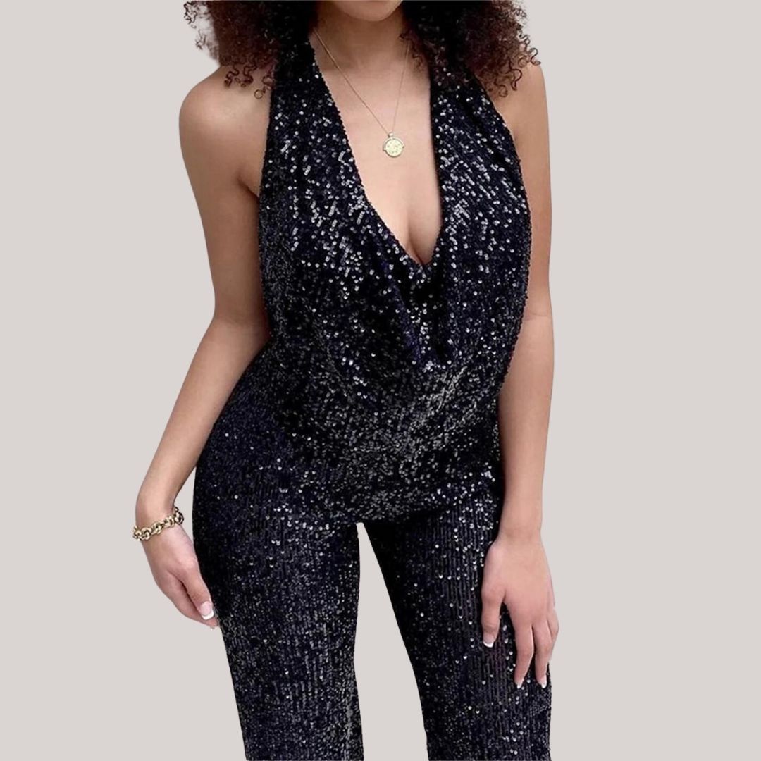 Silver sequin halter jumpsuit flowing silhouette with all-over shimmer for glamorous nights