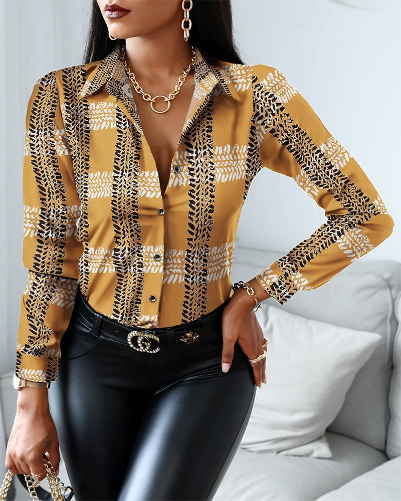 Women's long sleeve classic collar shirt with elegant chain patterned print and button closure