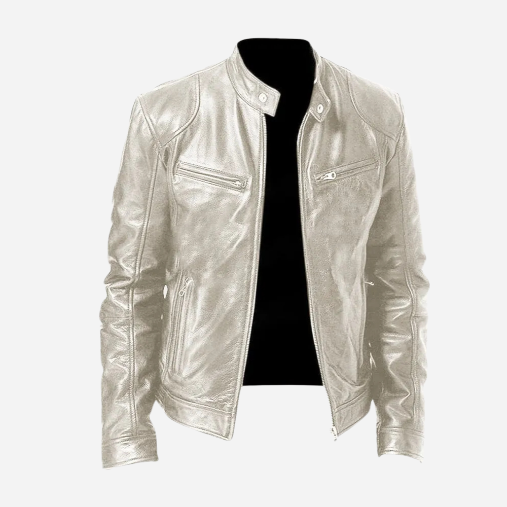 Men's genuine leather slim fit biker jacket in black with snap tab collar and zipper closure