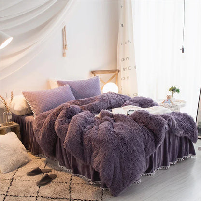 Ivory plush velvet duvet cover set with quilted pillow covers, contemporary hotel-style bedding