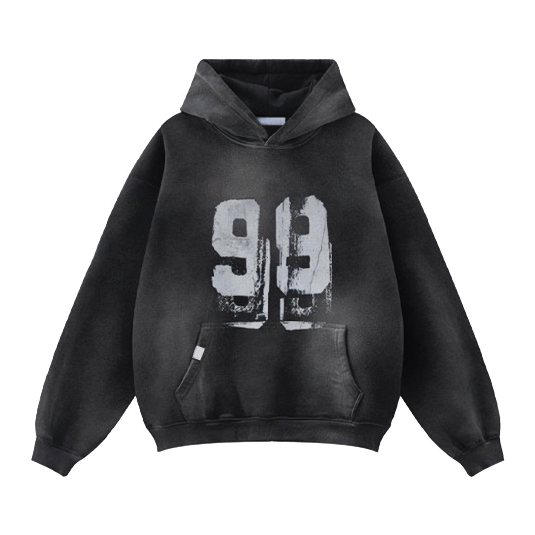 Garment-dyed heavyweight cotton hoodie loose fit with distressed "99" graphic print