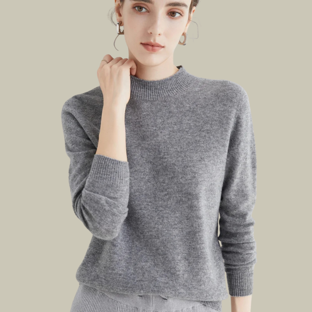 Ivory slim fit merino wool high neck sweater for women with ribbed collar, soft and elegant