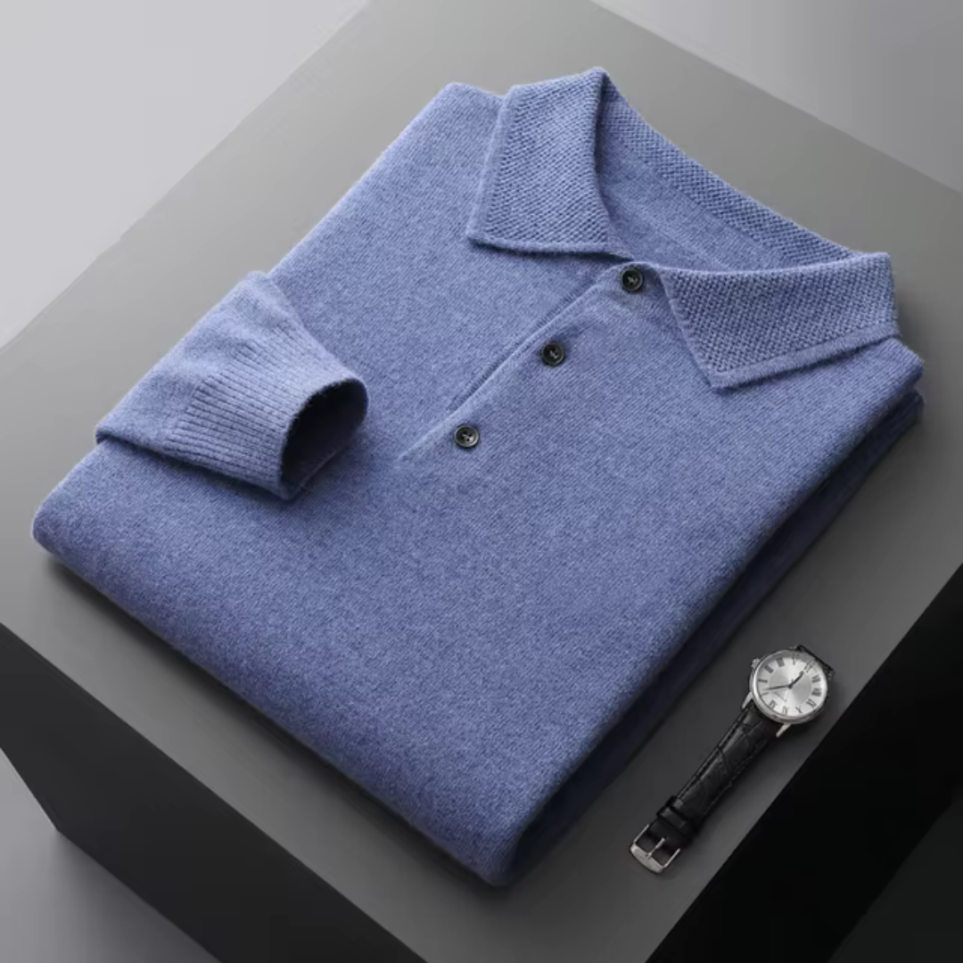 Men's merino wool polo sweater standard fit with button closure and ribbed edges classic style